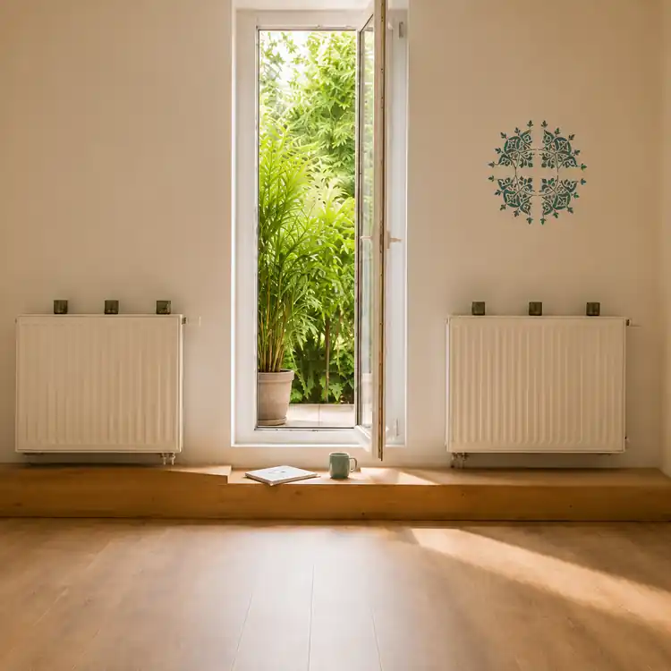 Heller Raum der Matilde mit offenem Fenster und Blick ins Grün